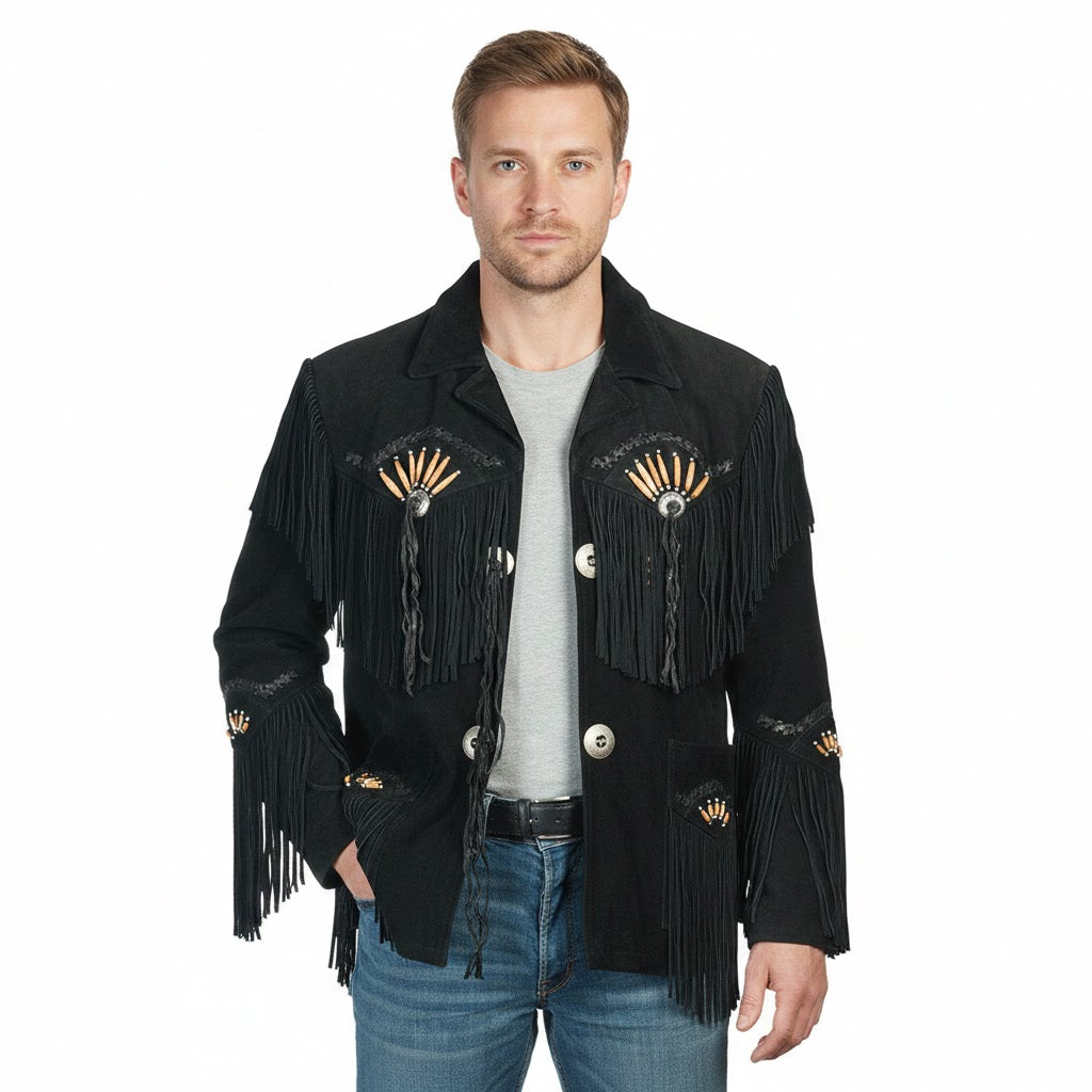 Western Black Fringe Bone Suede Leather Jacket Cowboy Jacket LWJ4020