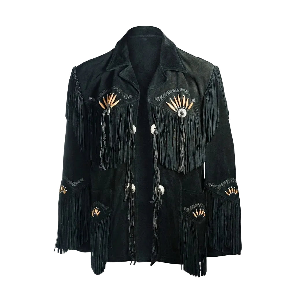 Black suede fringe jacket with gold and silver decorative accents, photographed on a plain white background.