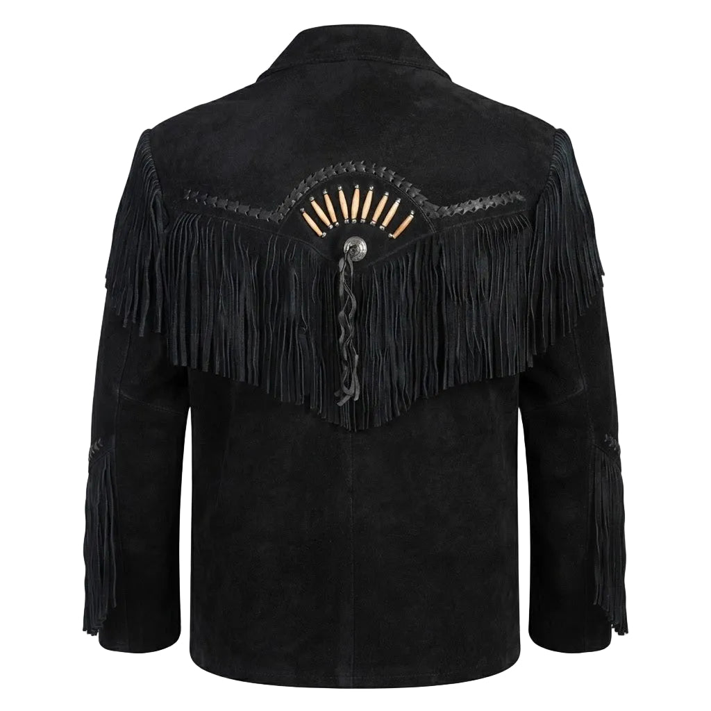 Black suede fringe jacket shown from the back, featuring a decorative fan-shaped pattern with light tan elements and a braided hanging detail at the center back.