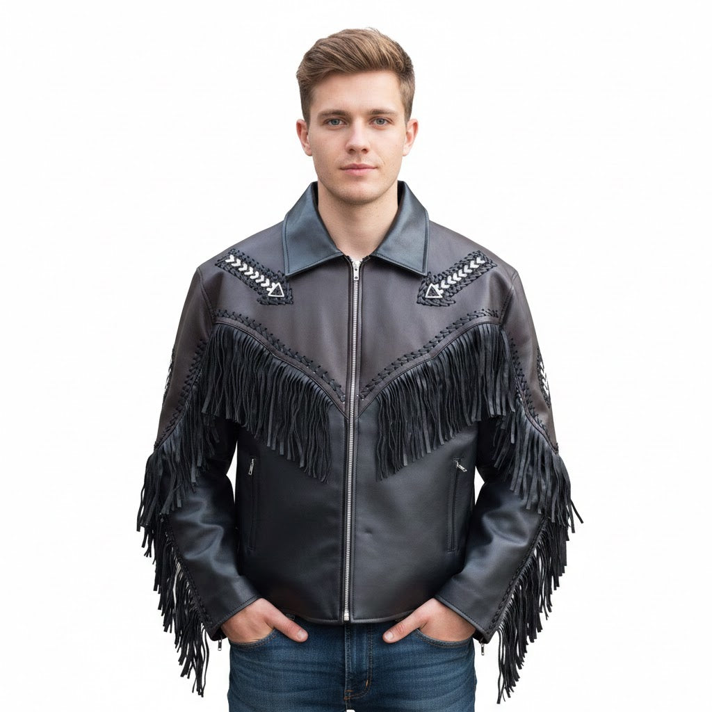Western Black Leather  Fringe Arrow Beaded Jacket Cowboy Jacket LWJ359