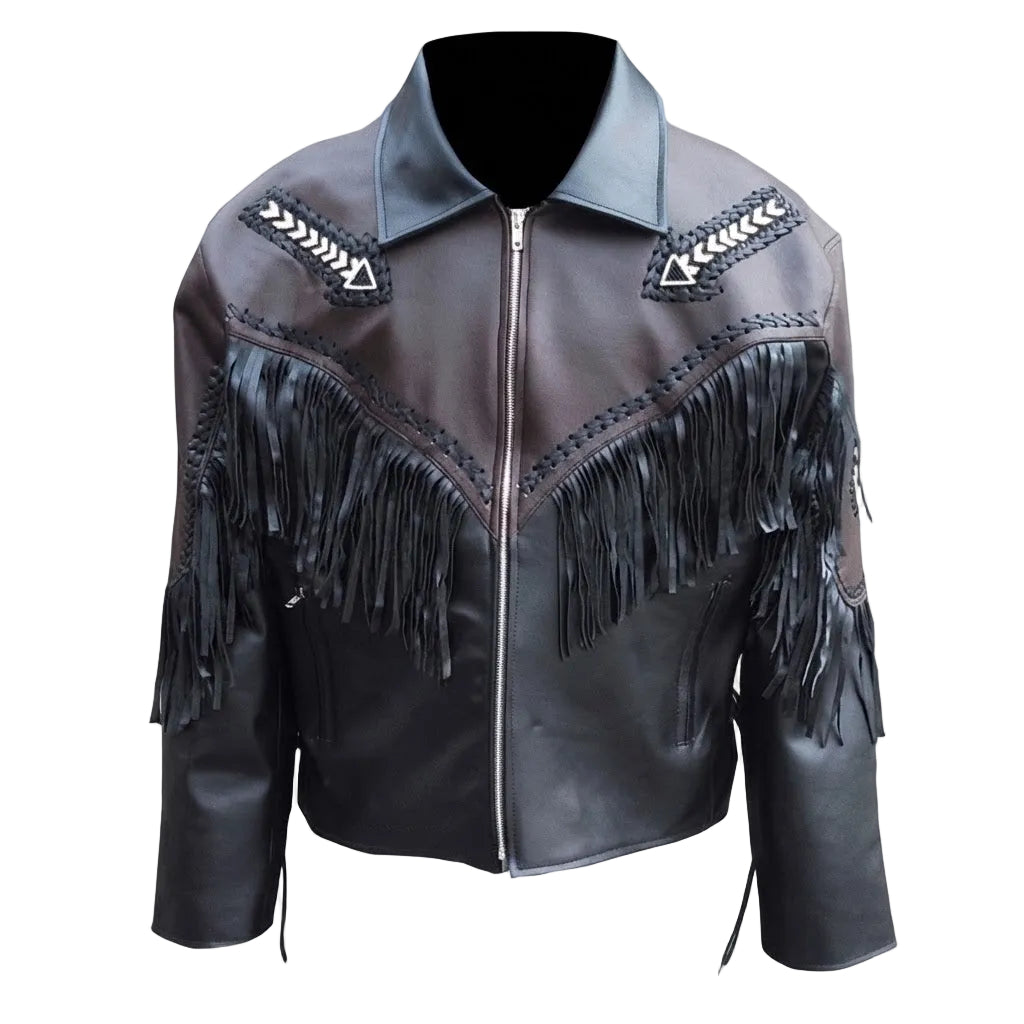 A black leather western-style jacket with a front zipper, pointed collar, and long fringe detailing across the chest and sleeves, featuring decorative braided and stitched accents on the shoulders.