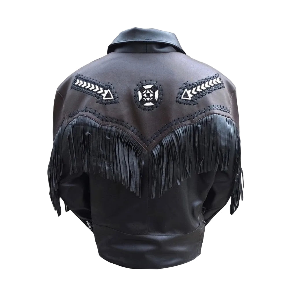 Black leather jacket shown from the back, featuring a high collar, long fringe across the shoulders, and white embroidered geometric patterns on the upper back.