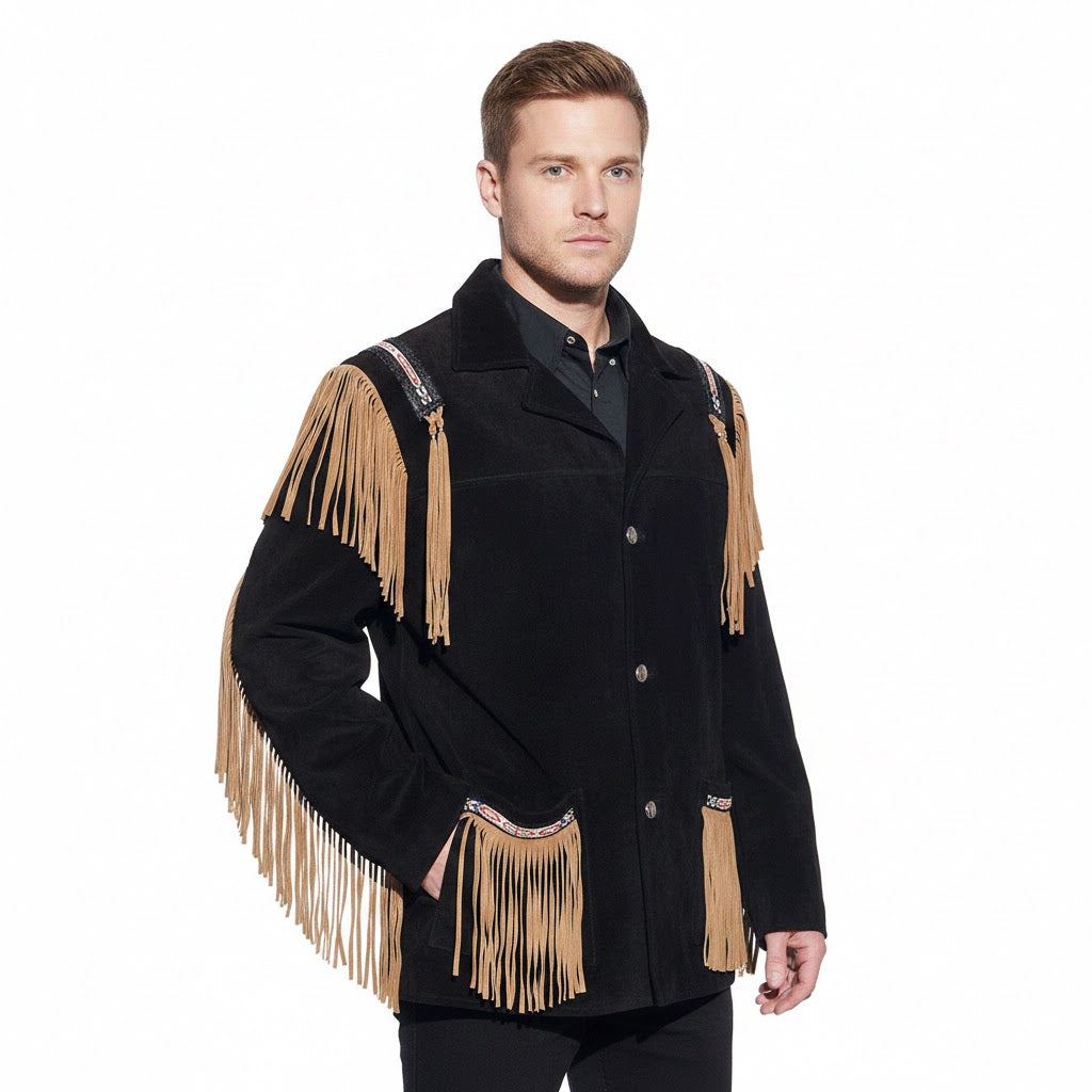 Man wearing a black jacket with beige fringes on a white background