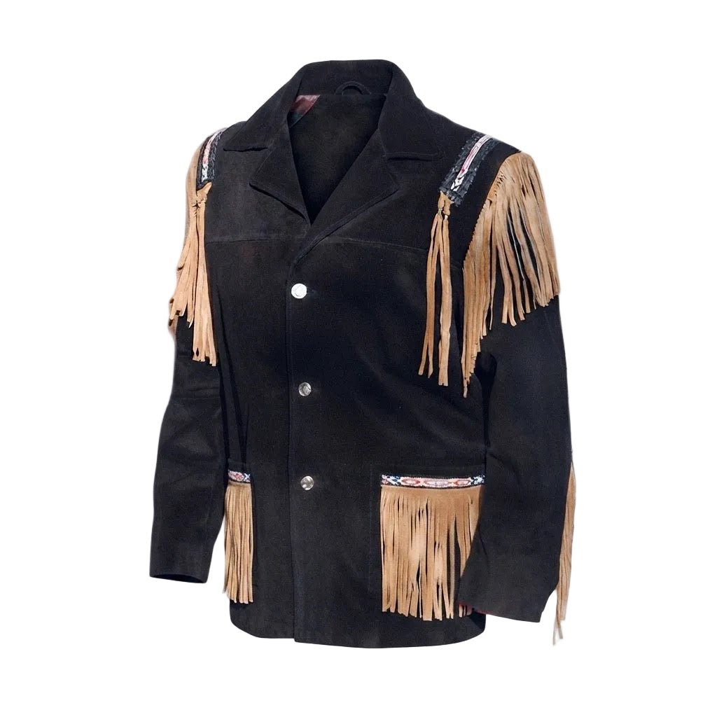 A black suede western-style jacket with tan fringe detailing on the shoulders, front, and pockets, featuring silver-tone snap buttons and embroidered accents.