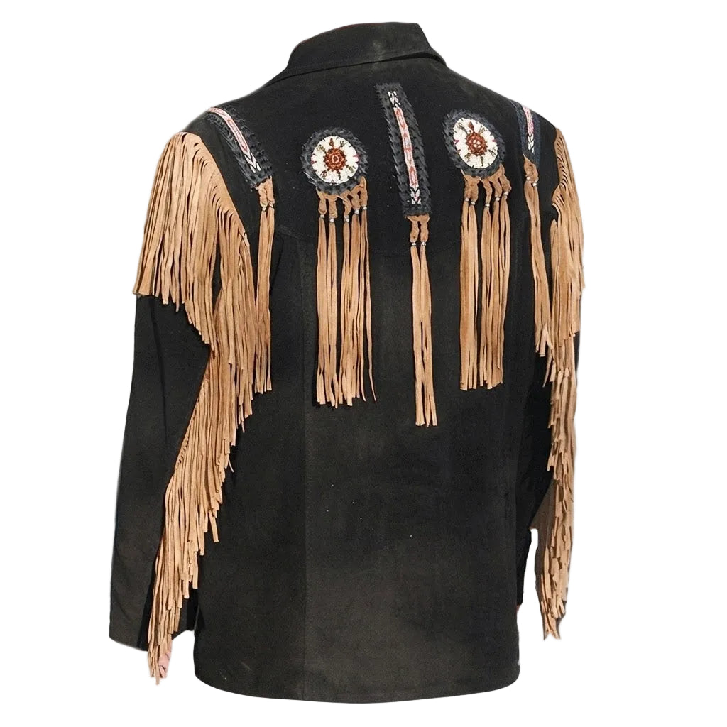 Black suede fringe jacket with tan leather fringe and circular beaded chest medallions, shown from the back on a white background.