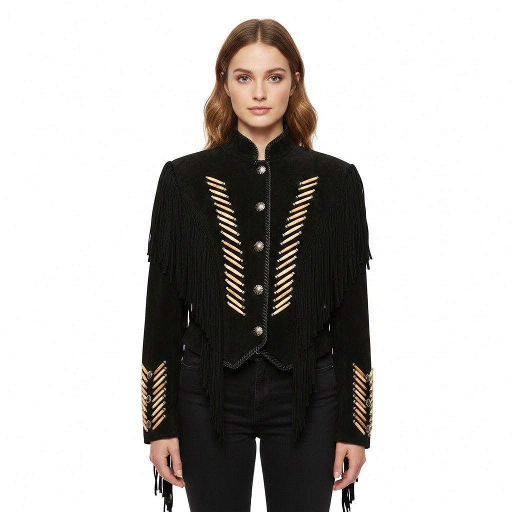 Black fringed jacket with gold accents worn by a model on a white background