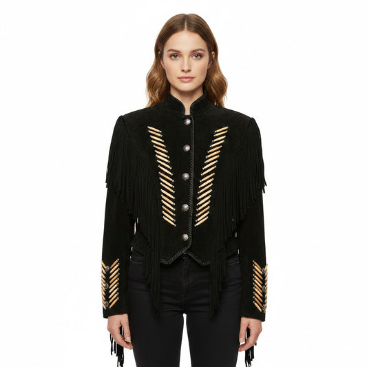 Black fringed jacket with gold accents worn by a model on a white background