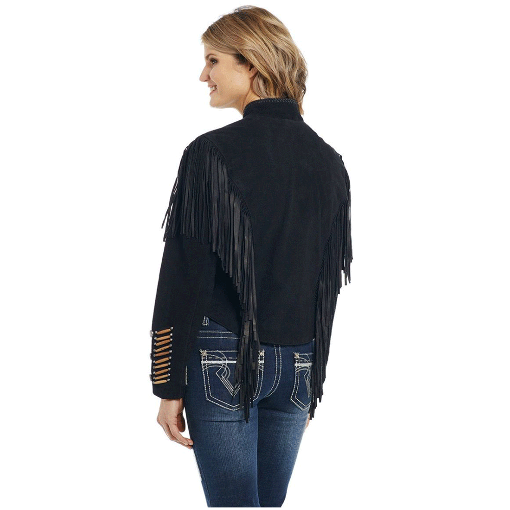 Western Fringe Black Leather Jacket for Women – Authentic Cowgirl Style WBK301