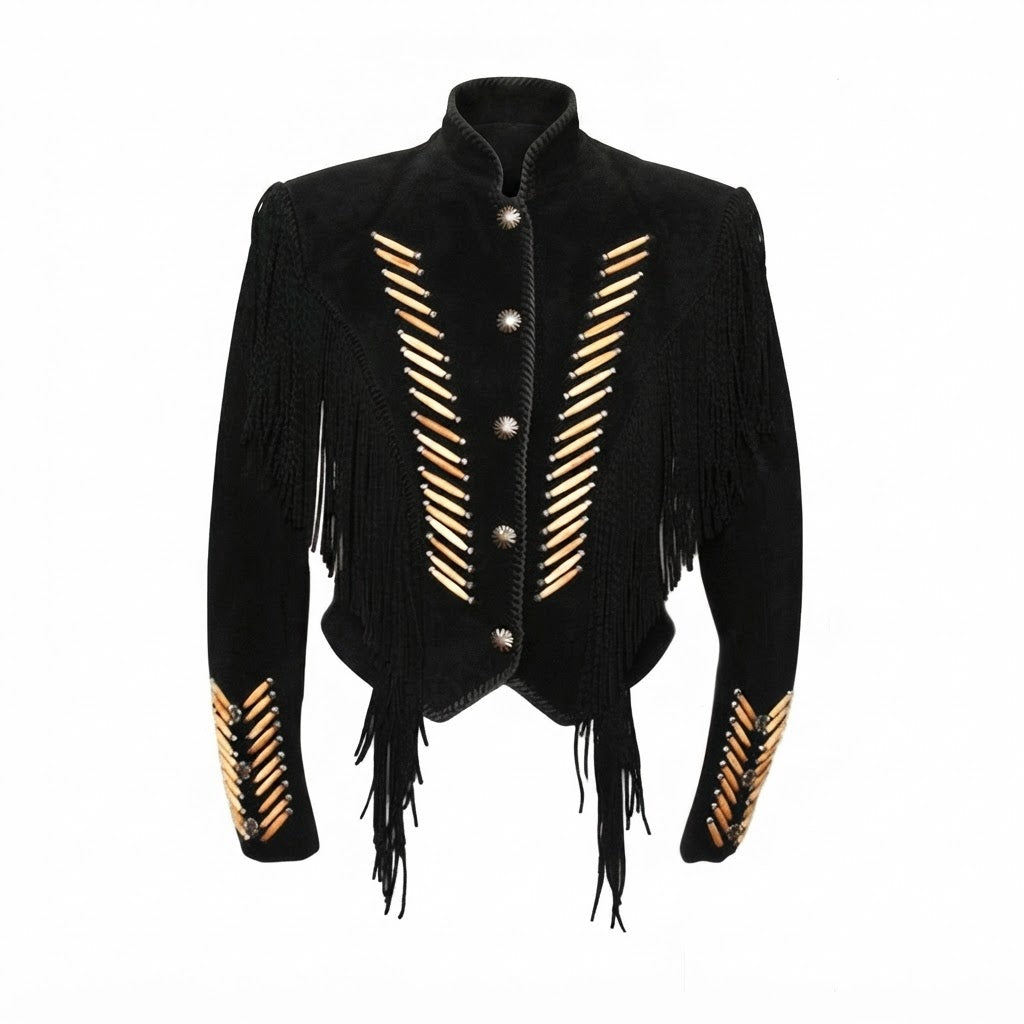Western Fringe Black Leather Jacket for Women – Authentic Cowgirl Style WBK301