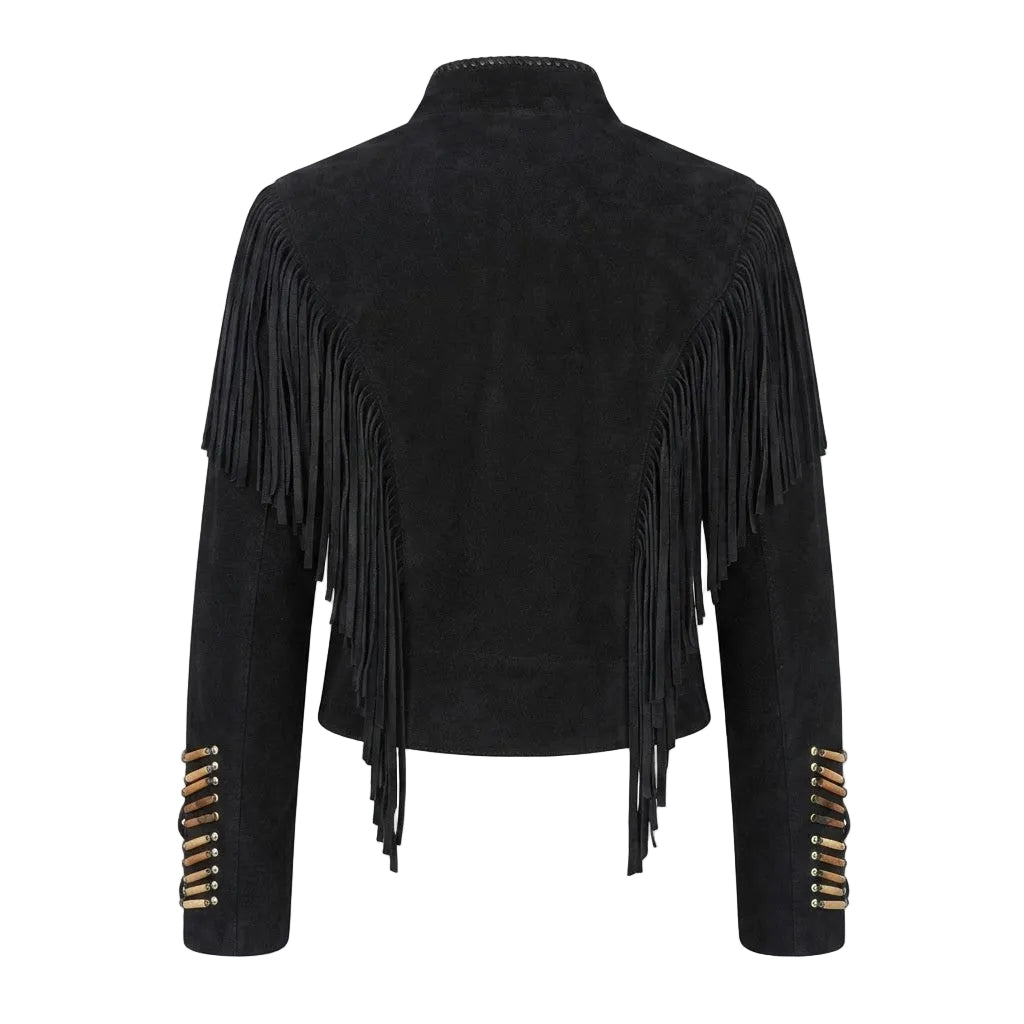 Black suede fringe jacket with high collar and decorative gold-toned button details on the sleeves, shown from the back on a white background.