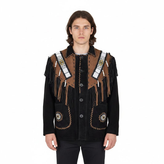 Western Black Fringe Beaded Suede Leather Jacket Cowboy Jacket LWJ3810