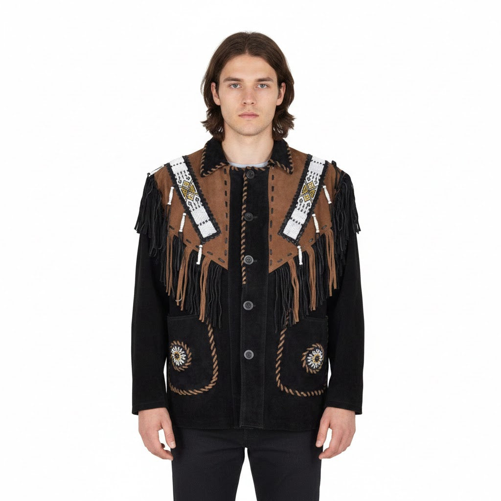 Man wearing a black and brown fringed jacket on a white background