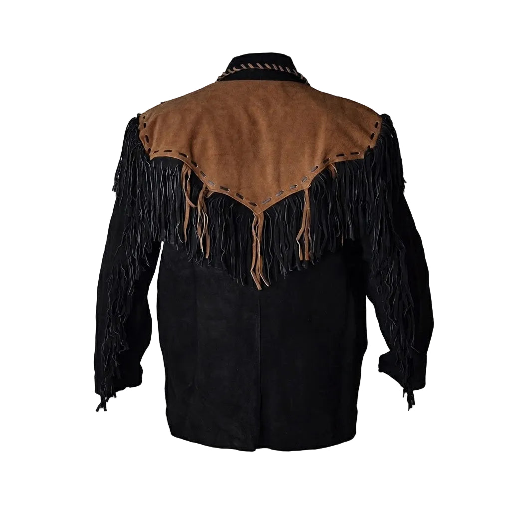 A black suede fringe jacket with a contrasting brown suede yoke and shoulder panels, shown from the back on a white background.