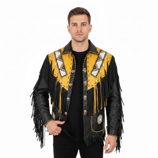 Western Black Fringe Beaded Suede Leather Jacket Cowboy Jacket LWJ3830