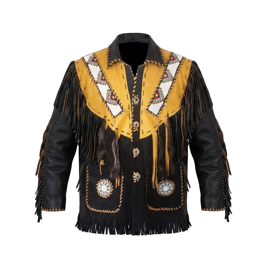 A black leather fringed jacket with a yellow yoke panel, white geometric beadwork, and gold-toned decorative details on a plain white background.