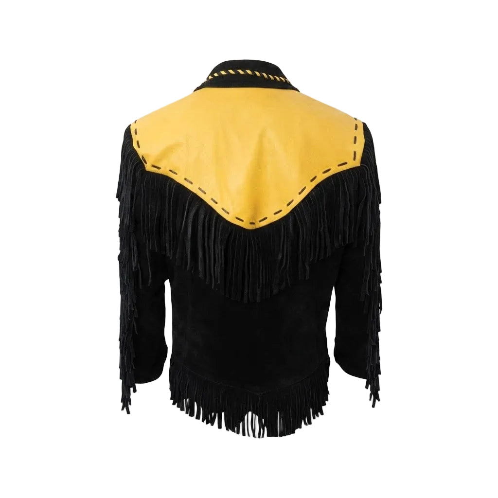 A black and yellow western-style fringe jacket shown from the back, featuring a bright yellow leather shoulder yoke with black fringe across the upper back and long black fringe on the sleeves and hem.