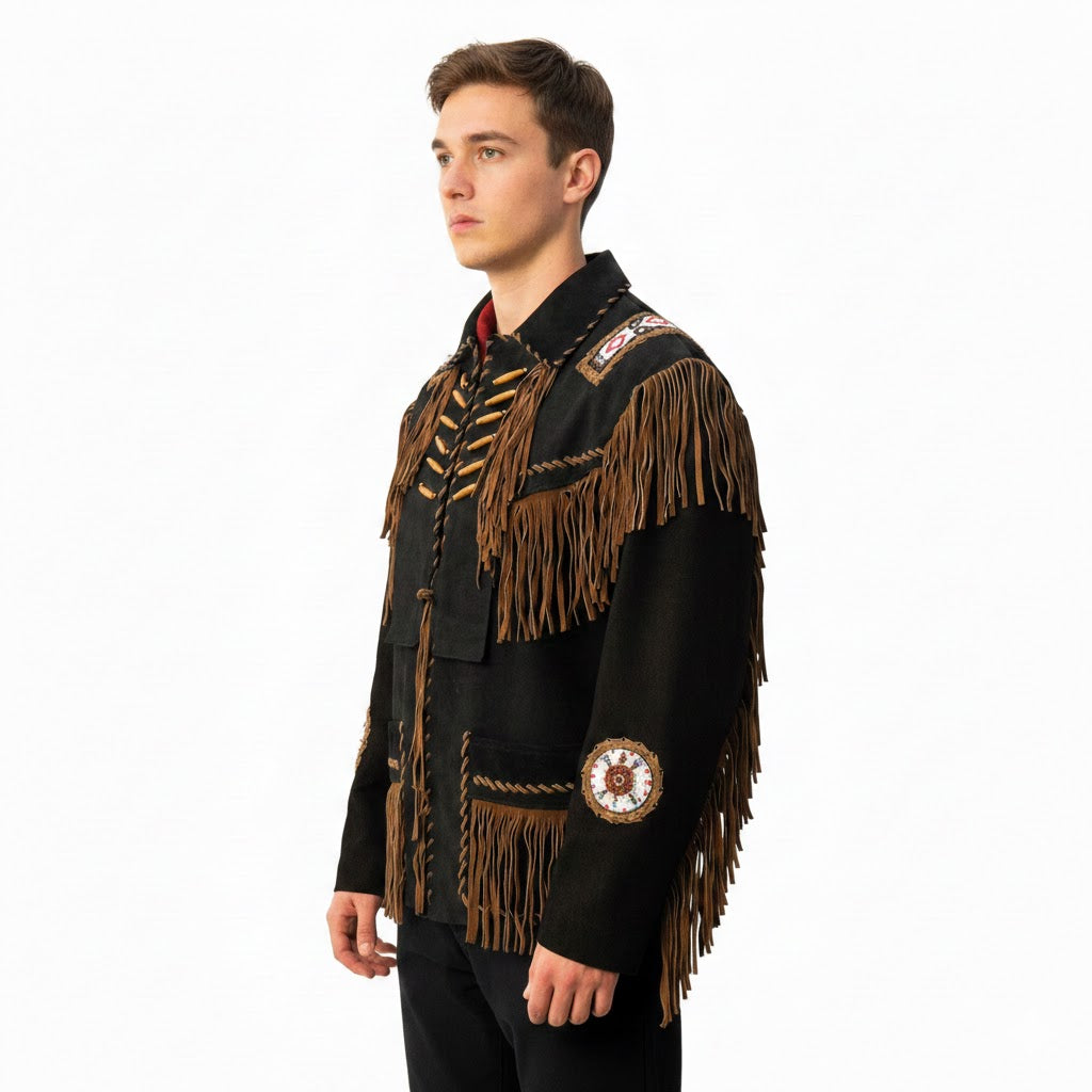 Western Black Fringe Beaded Suede Leather Jacket Cowboy Jacket LWJ3870