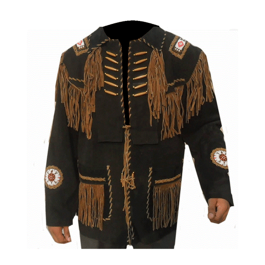 Western Black Fringe Beaded Suede Leather Jacket Cowboy Jacket LWJ3870