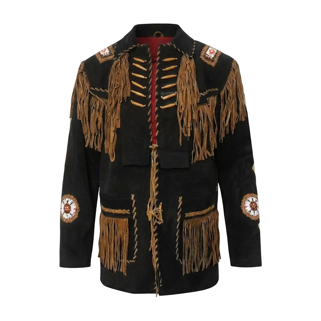 A black suede or faux-suede jacket with extensive tan fringe, decorative braided trim, and circular embroidered patches on the shoulders and sleeves, shown against a plain white background.