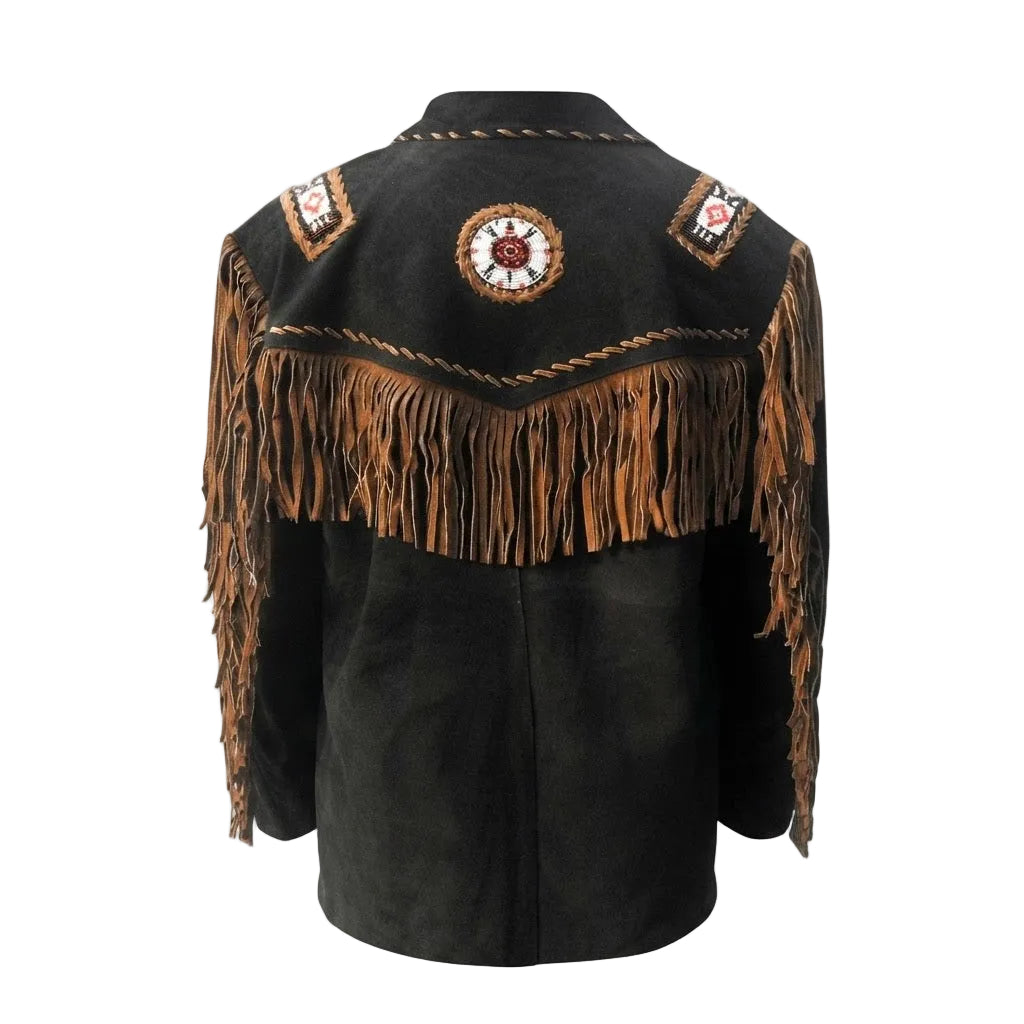Black suede fringe jacket with brown leather fringe, decorative beadwork, and embroidered shoulder patches, shown from the back on a white background.