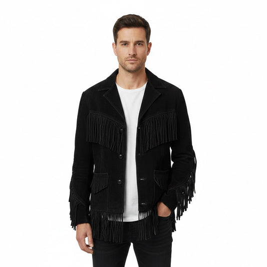 Western Black Suede Leather Fringe Jacket Cowboy Jacket LWJ400