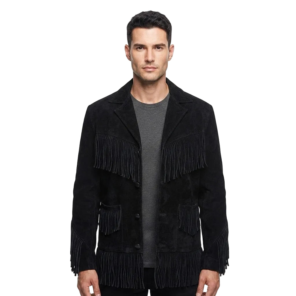 A man wearing a black suede fringe jacket over a gray crewneck t-shirt, photographed against a solid white background.