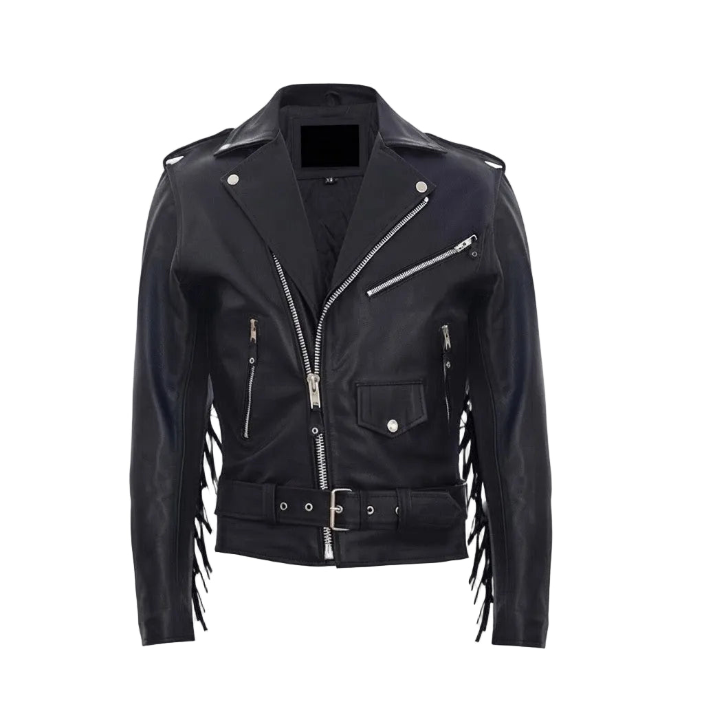 A black faux leather biker jacket with silver-tone hardware, featuring fringe detailing along the lower sides and sleeves, displayed on a solid white background.