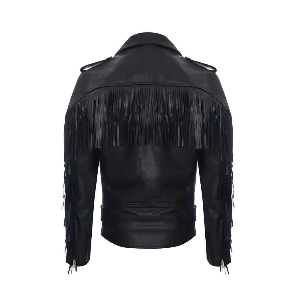 Black faux leather fringe jacket shown from the back, featuring long fringe detailing across the shoulders and down the sleeves, set against a plain white background.