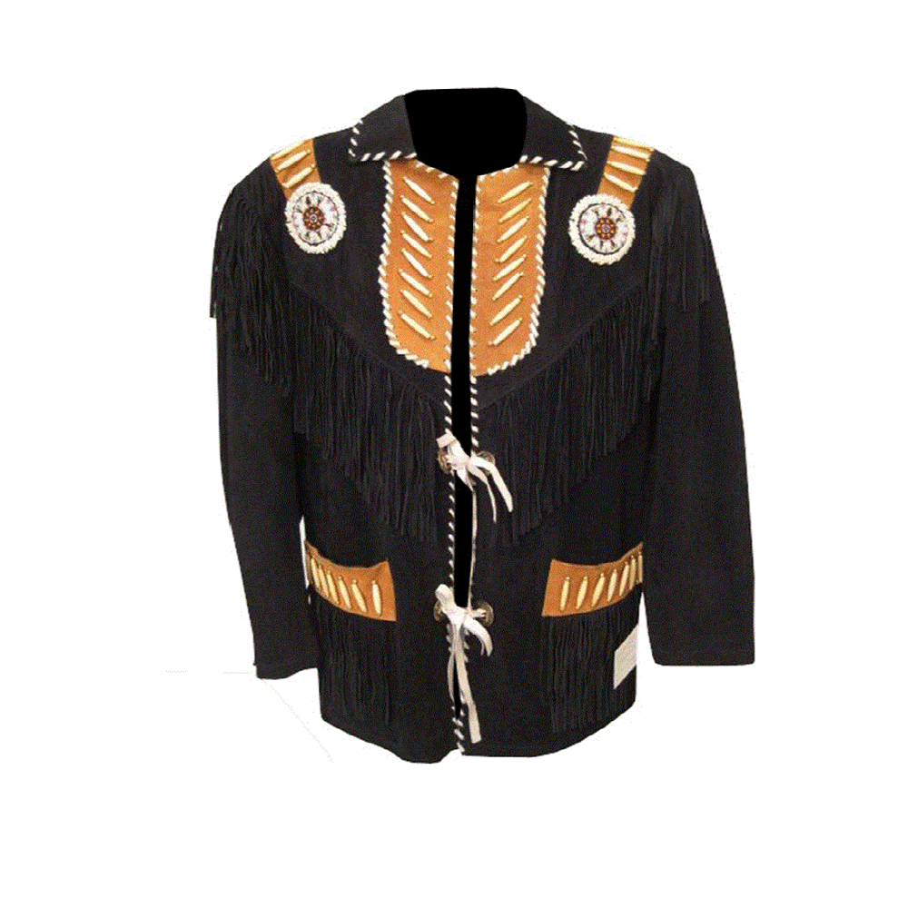 Western Black Suede Leather Fringe Beaded Jacket Cowboy Jacket LWJ379