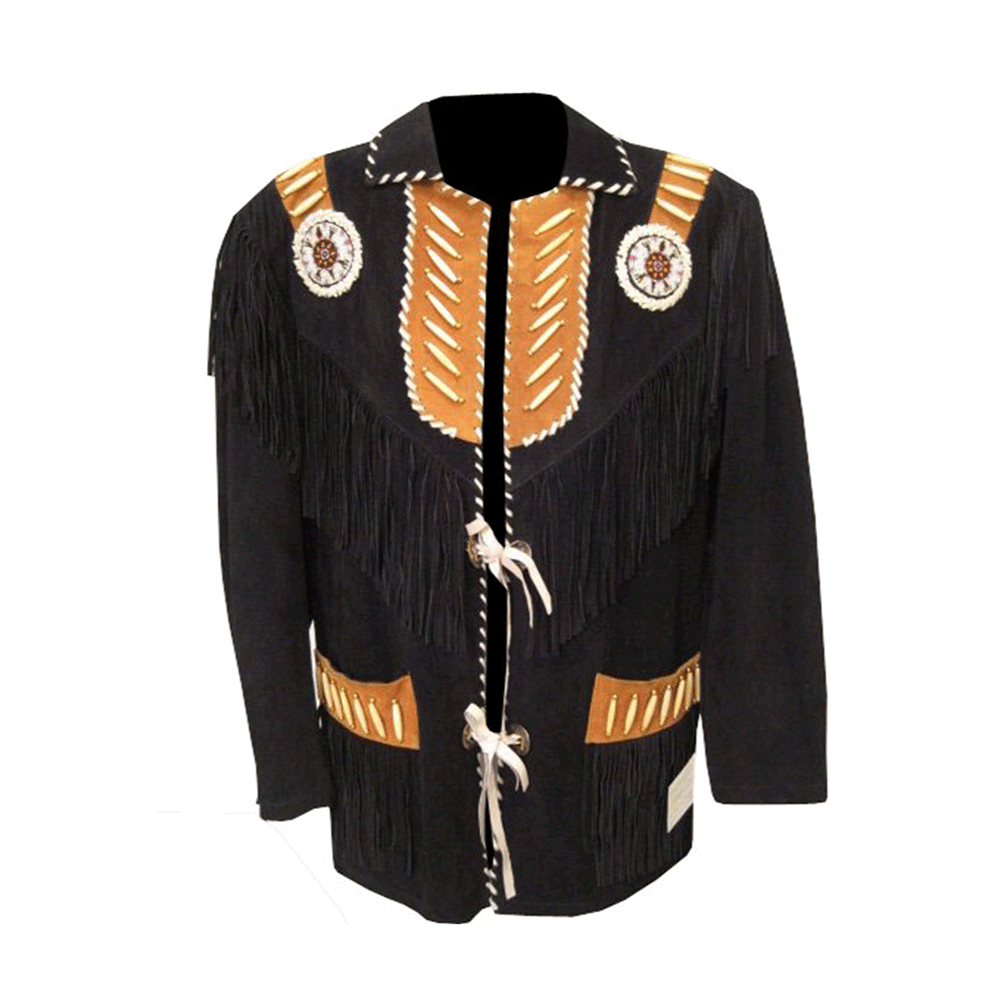 Western Black Suede Leather Fringe Beaded Jacket Cowboy Jacket LWJ379