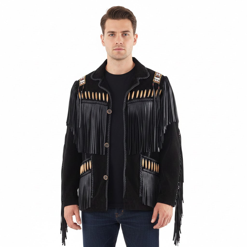 Man wearing a black fringed jacket on a white background