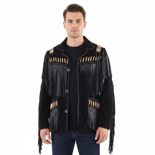 Man wearing a black fringed jacket on a white background