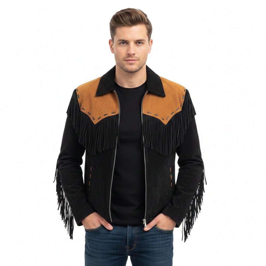 Western Black Suede Leather Fringe Jacket Cowboy Jacket LWJ3950