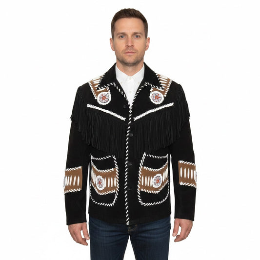 Western Black Fringe Bone Beaded Suede Leather Jacket LWJ3850