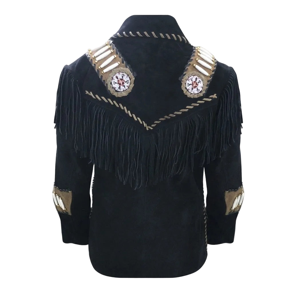 Black suede fringe jacket with Native American style beaded and decorative trim, shown on a white background.