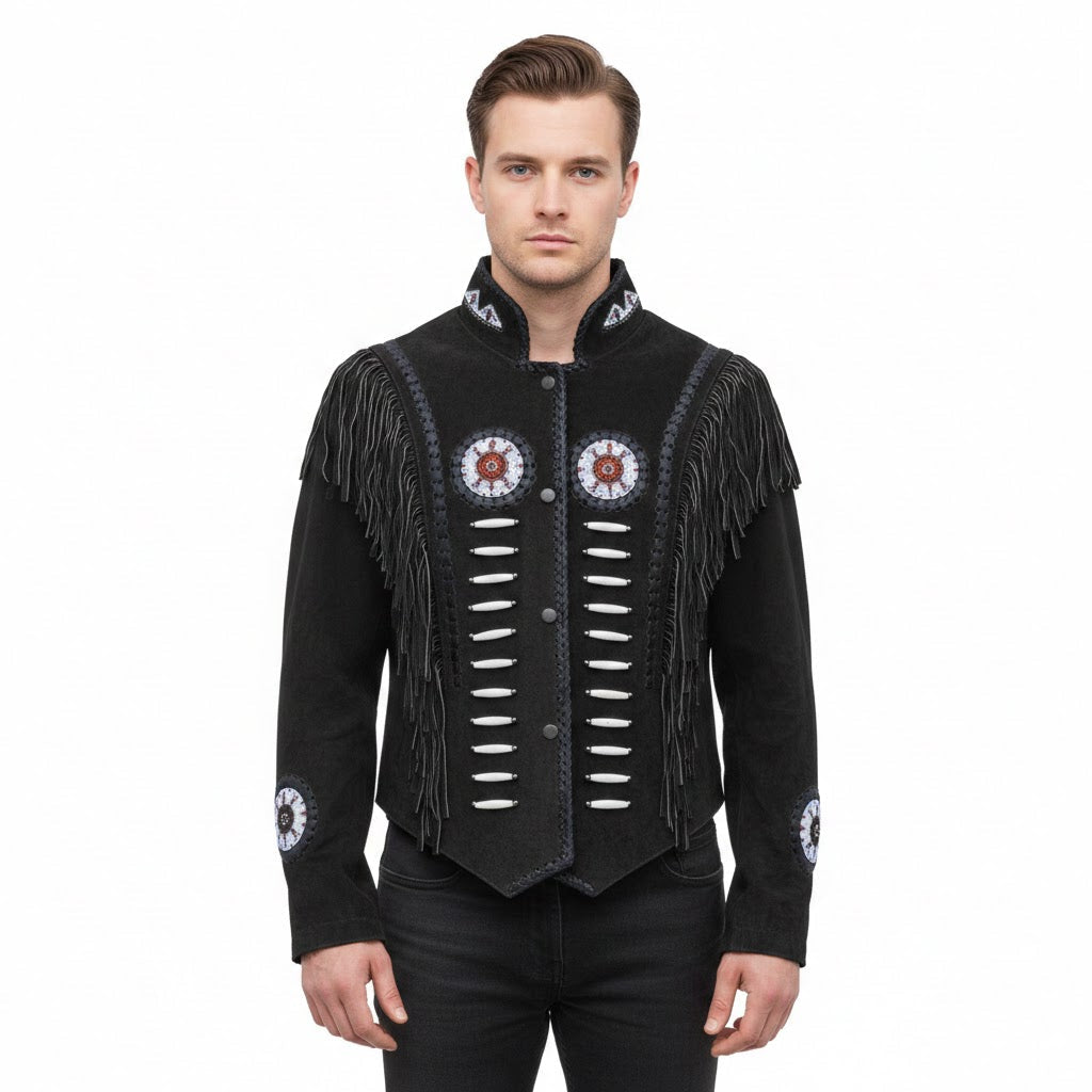 Man wearing a black fringed jacket with white patterns on a white background