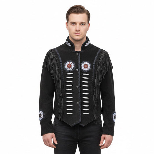 Man wearing a black fringed jacket with white patterns on a white background