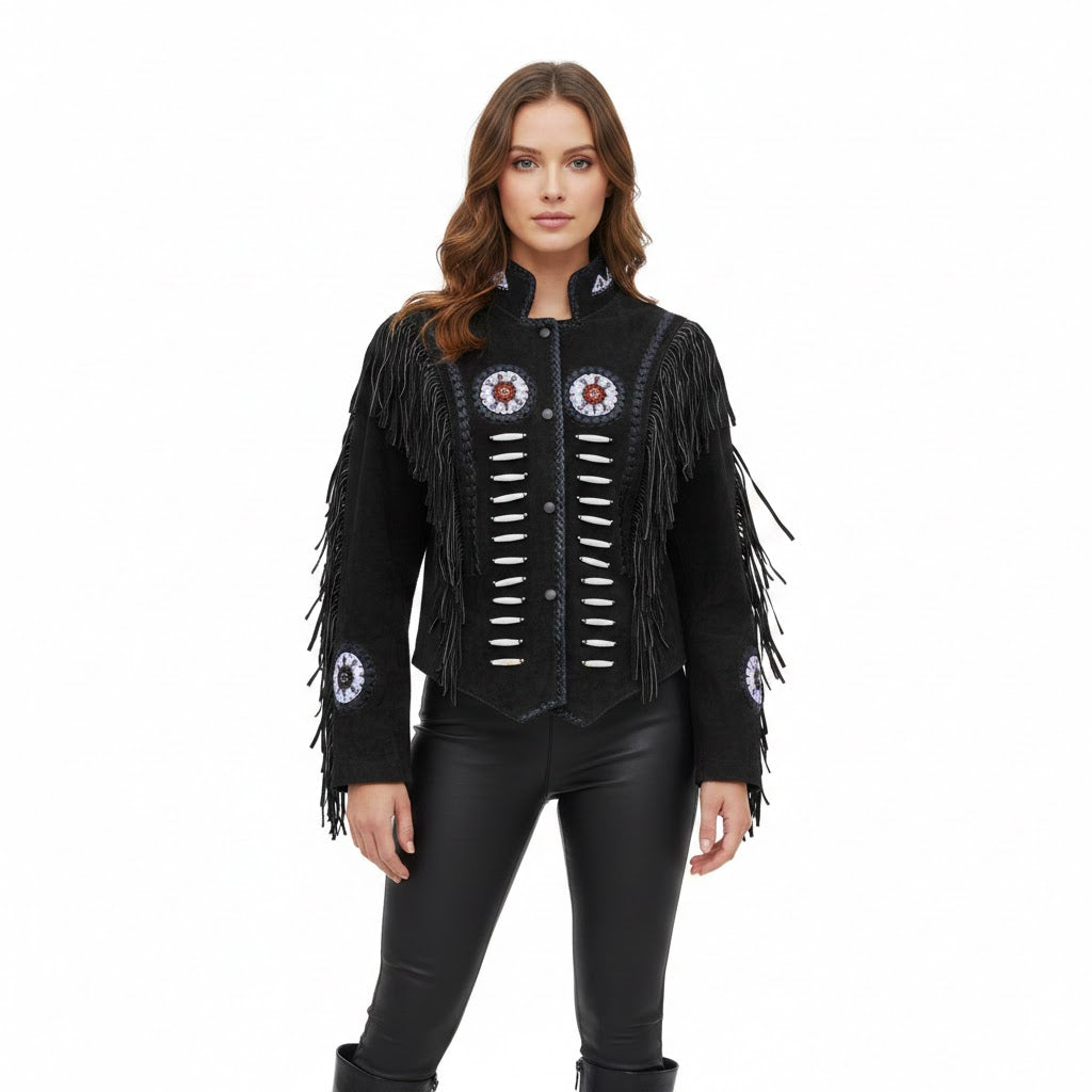 Black fringed jacket with white patterns worn by a model on a white background