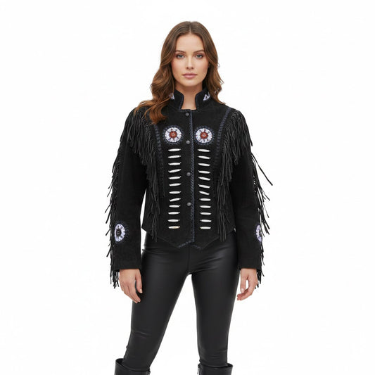 Black fringed jacket with white patterns worn by a model on a white background