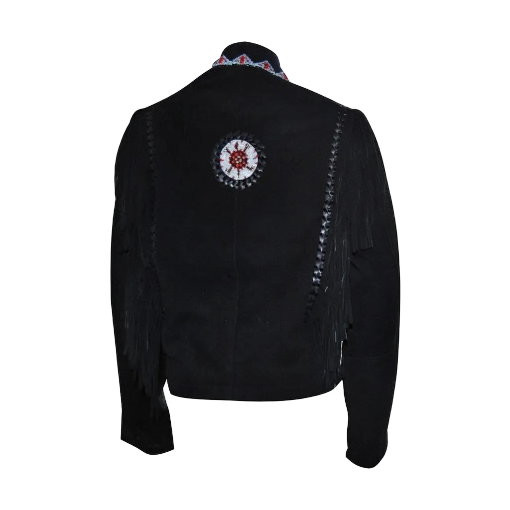 Black suede fringe jacket shown from the back, featuring a circular red, white, and black beaded emblem on the upper back, decorative beadwork along the shoulders, and a patterned collar.