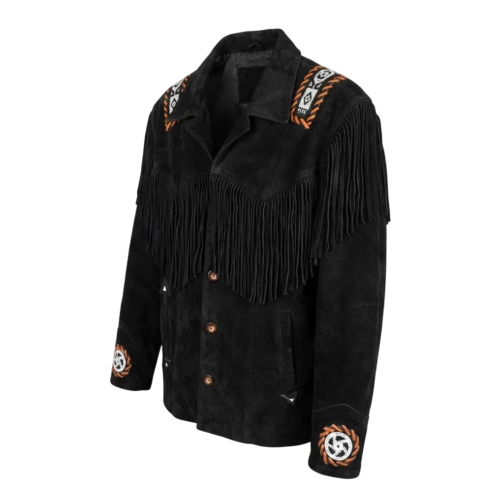 Black suede fringed jacket with embroidered shoulder and cuff details, shown on a plain white background.