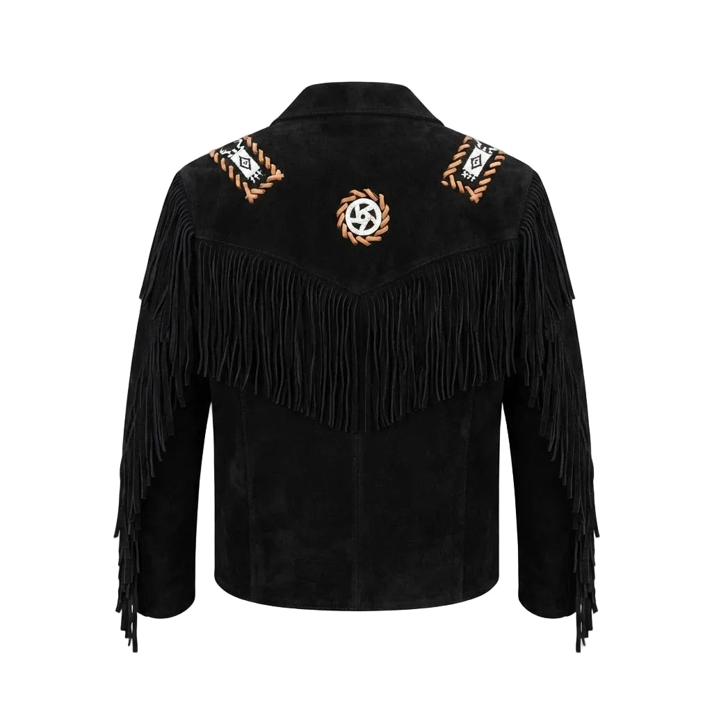 Black suede fringe jacket with decorative embroidered patches on the shoulders and a circular patch on the back center, shown against a plain white background.