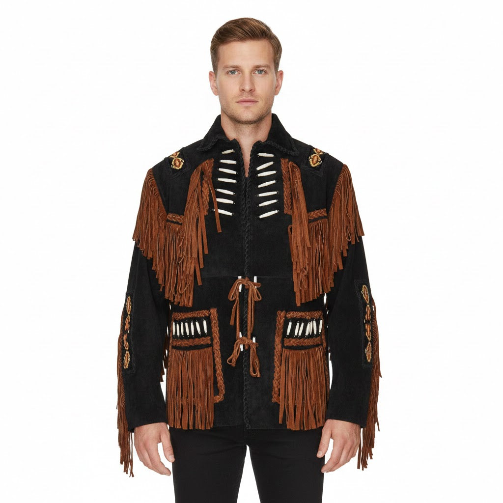 Man wearing a black and brown fringed jacket on a white background