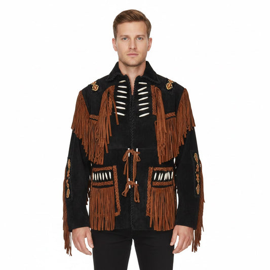 Man wearing a black and brown fringed jacket on a white background