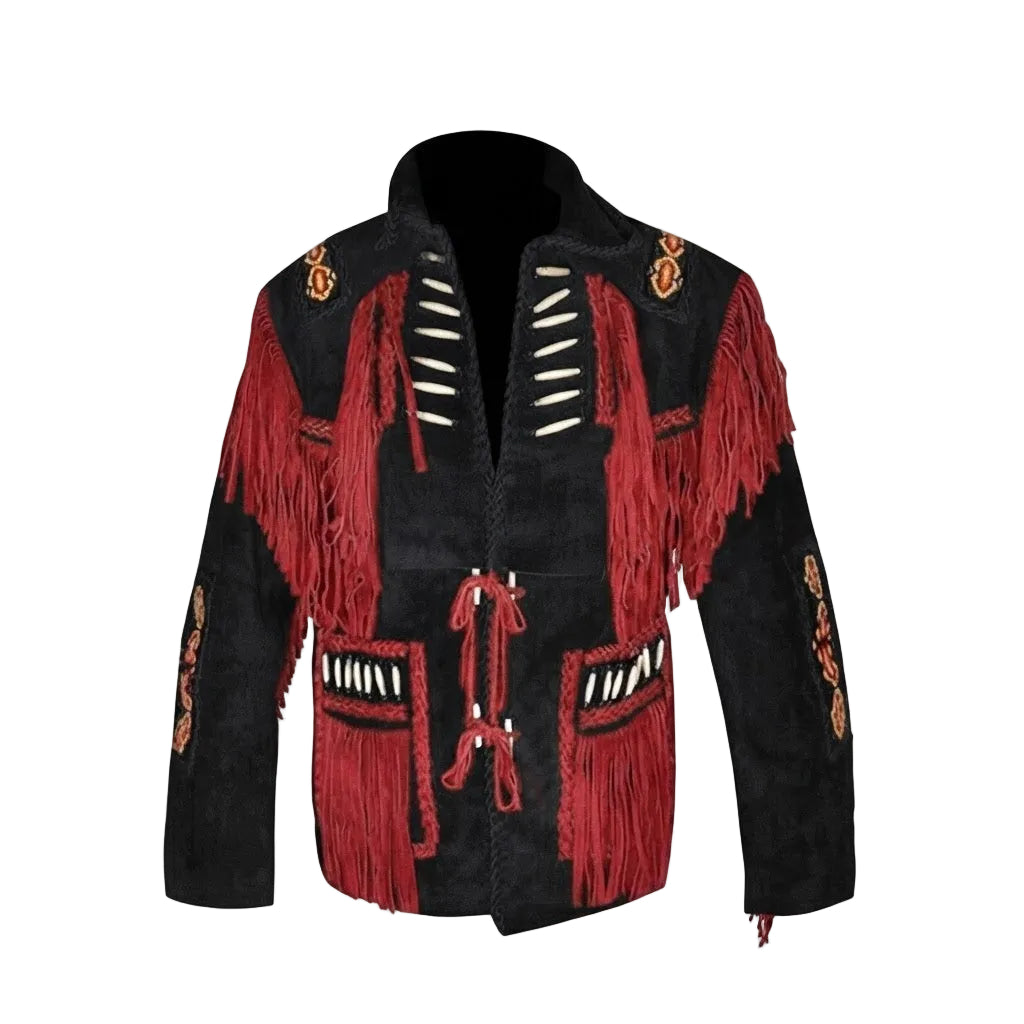 A black suede jacket with prominent red fringe, red trim, and white beaded details, shown against a plain white background.