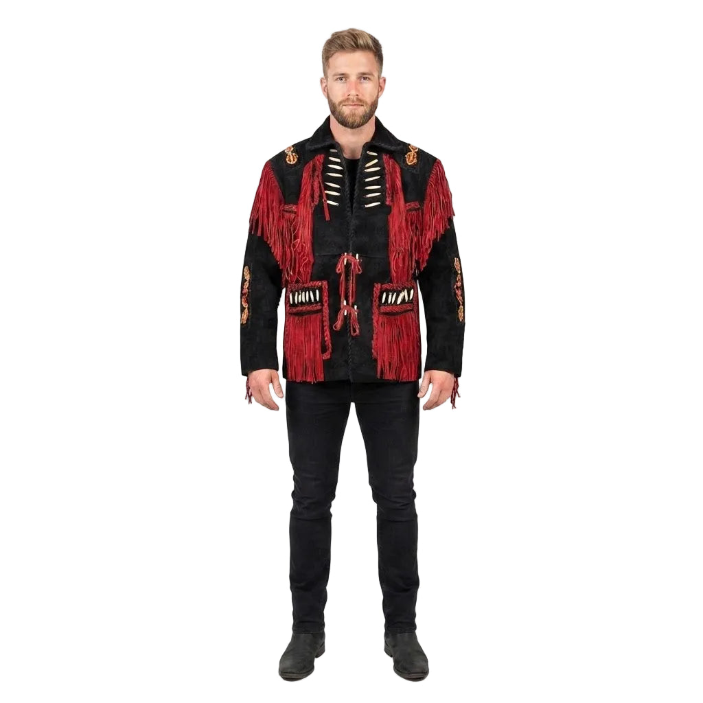 A man modeling a black fringed jacket with red fringe, gold trim, and white bone chest detailing, paired with black jeans and black boots, against a plain white background.