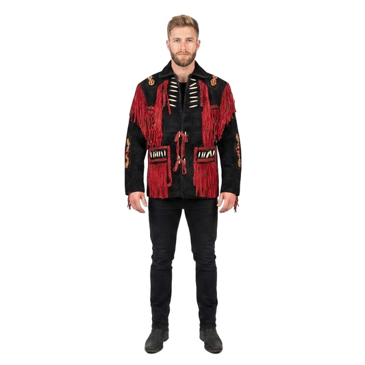 A man modeling a black fringed jacket with red fringe, gold trim, and white bone chest detailing, paired with black jeans and black boots, against a plain white background.
