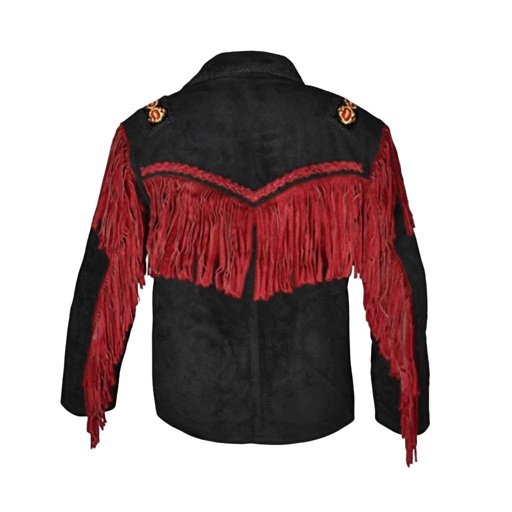 Black suede fringe jacket with red fringe trim and gold embroidered details on the shoulders, shown from the back on a white background.