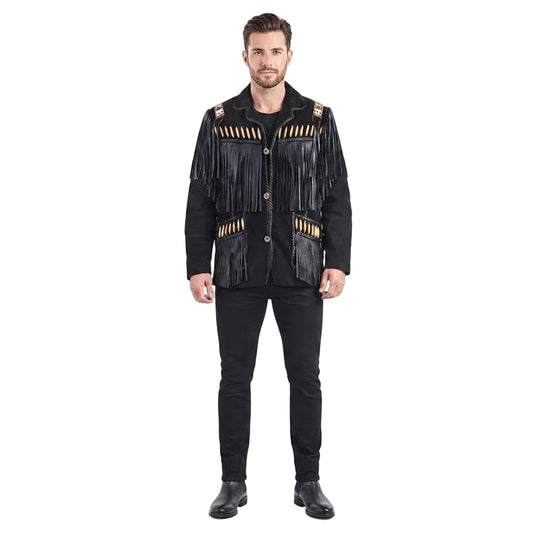 A man modeling a black fringed western-style jacket with gold embroidered details on the shoulders and waist, paired with black jeans and black boots, against a plain white background.
