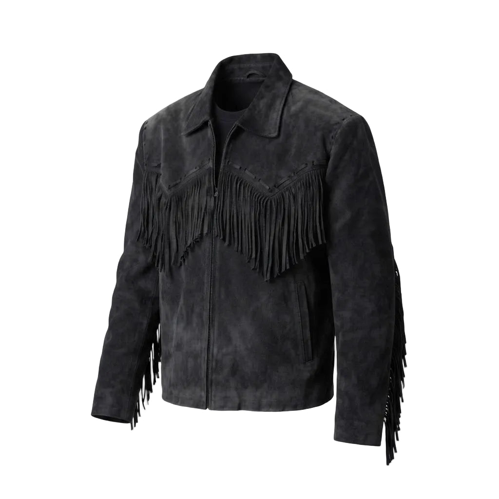 A black suede fringe jacket with a collar, front zipper, and long fringe detailing across the chest and along the sleeves, shown against a plain white background.